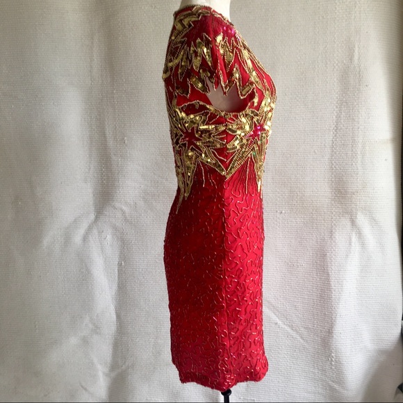 Vintage 80s 90s S/M July 4th Fireworks Silk Party Beaded Dress Holiday Stars - Picture 6 of 16